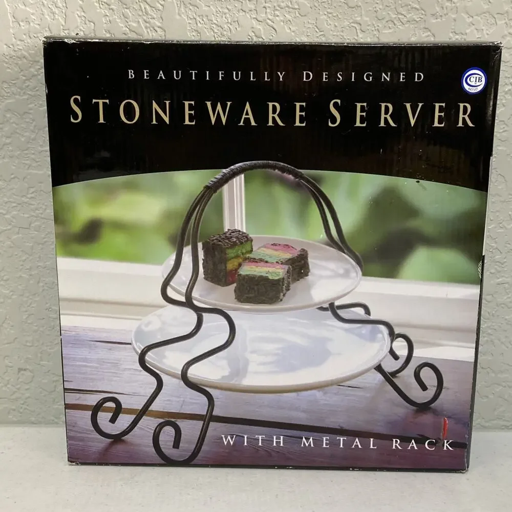 Stoneware Server with Metal Rack 2 Tier White‎ Serving Plates Platters NEW Open